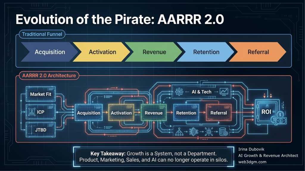 AARRR 2.0 framework connecting Market Fit, ICP, JTBD, Acquisition, Activation, Revenue, Retention, Referral, AI and Tech, and ROI.