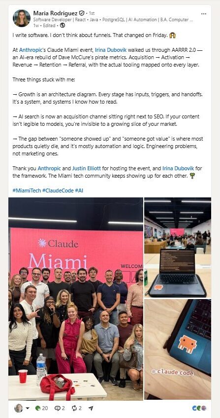 LinkedIn review by software developer Maria Rodriguez about AARRR 2.0, Growth architecture and AI search.