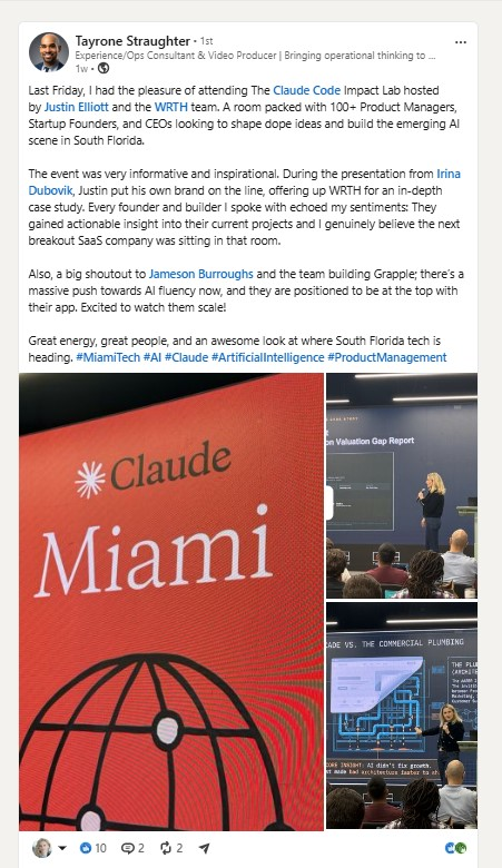 LinkedIn review by Tayrone Straughter about actionable insights from the AI vs Brain workshop.