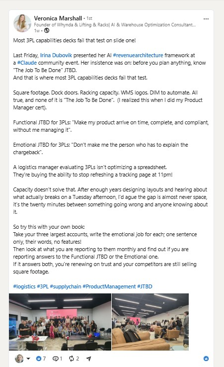 LinkedIn review by Veronica Marshall applying AARRR 2.0 Jobs to Be Done principles to 3PL.