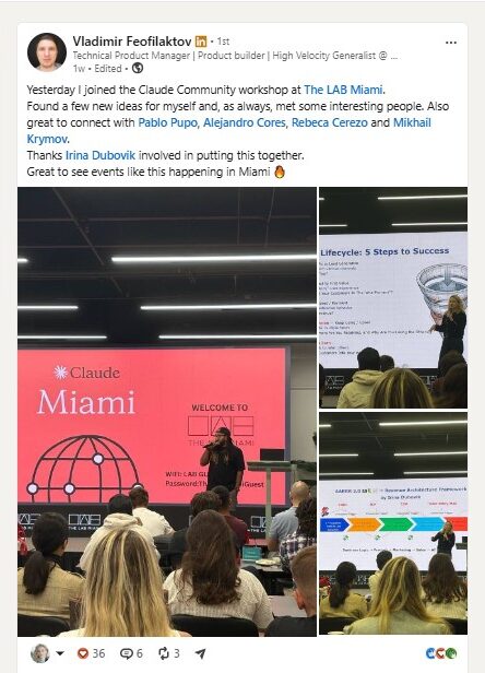 LinkedIn post by Technical Product Manager Vladimir Feofilaktov after the AARRR 2.0 AI vs Brain workshop.
