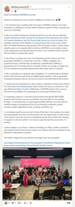 LinkedIn update from UNIVRSE.AI Founder Whitney Laurent after attending the AARRR 2.0 workshop.
